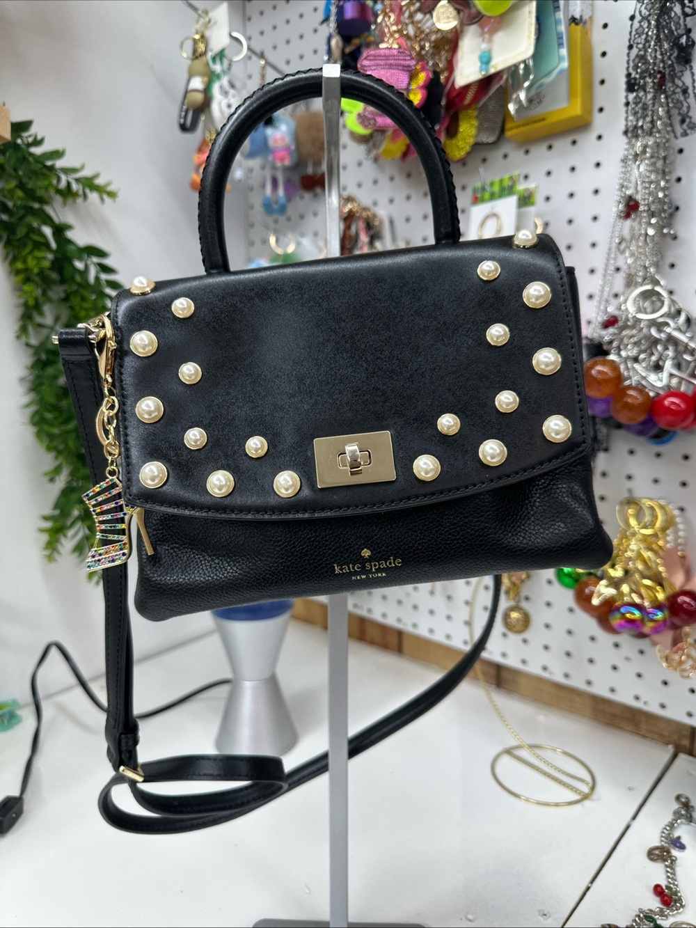 kate spade Black Pearl-Studded Leather Satchel with Gold Hardware